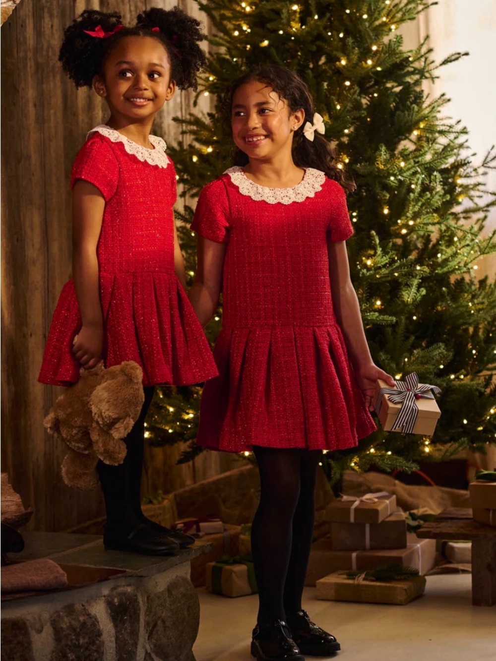 Girls' Red tweed Dress with Lace Collar